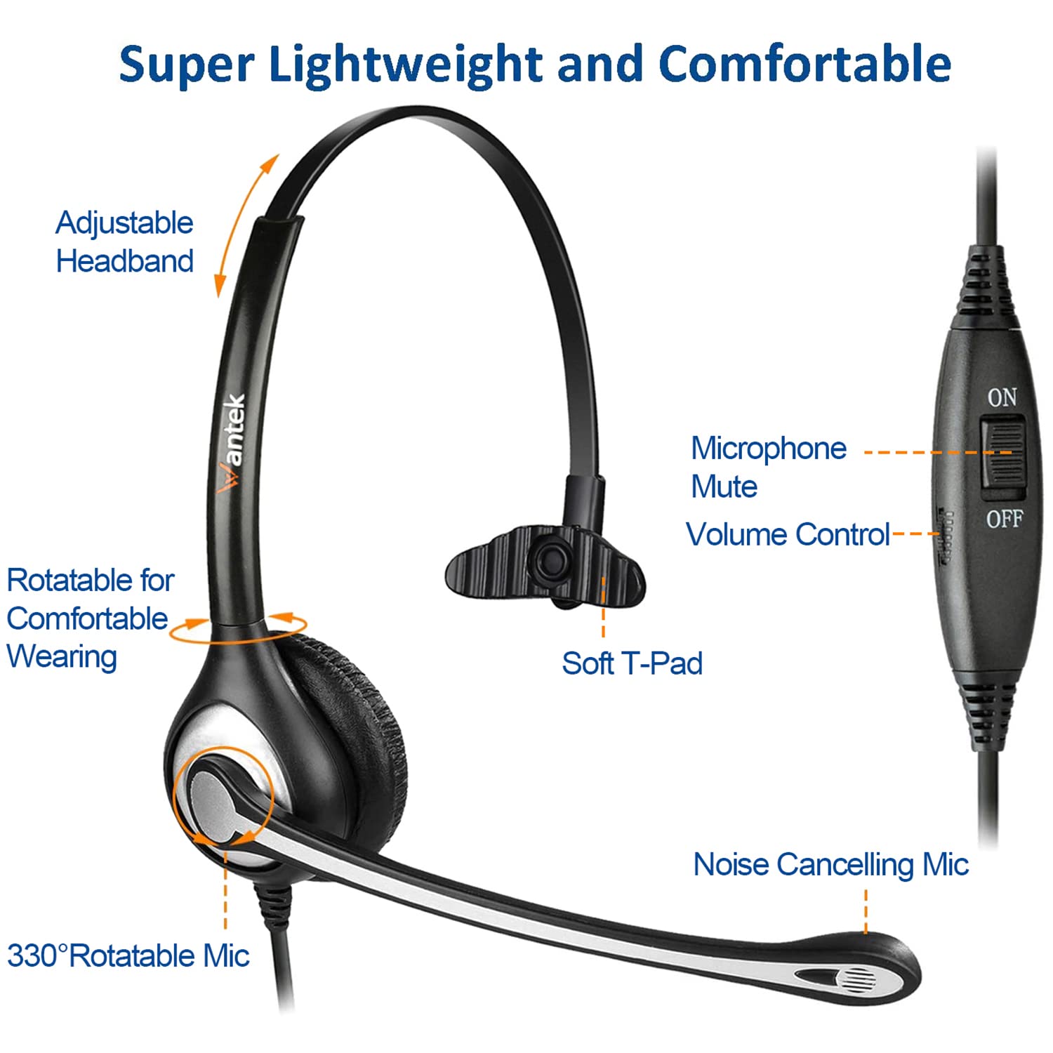 Wantek Phone Headset With Microphone Noise Cancelling, Rj9 Office Telephone Headsets Compatible With Yealink T20P T21P T26P T23G